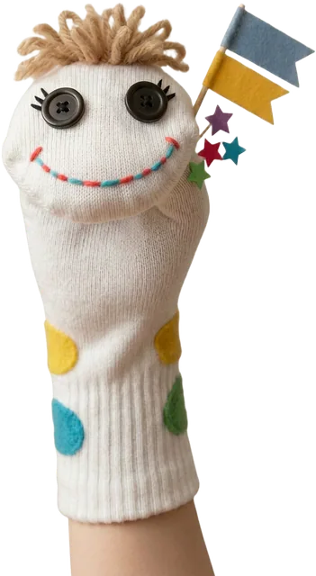 Bil, o fantoche mascote do método, segurando bandeirinhas